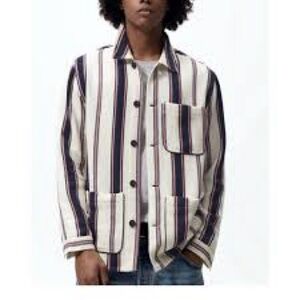 Zara Black and Cream Striped Shirt Jacket